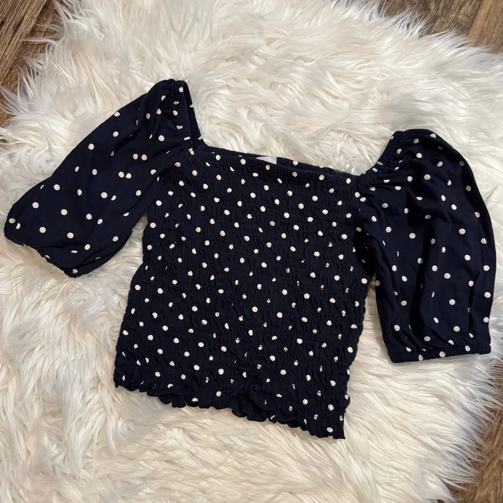 GAP Kids Girls Smocked Top L Blue Polka Dot Puff Sleeve‎ Square Neck Blouse